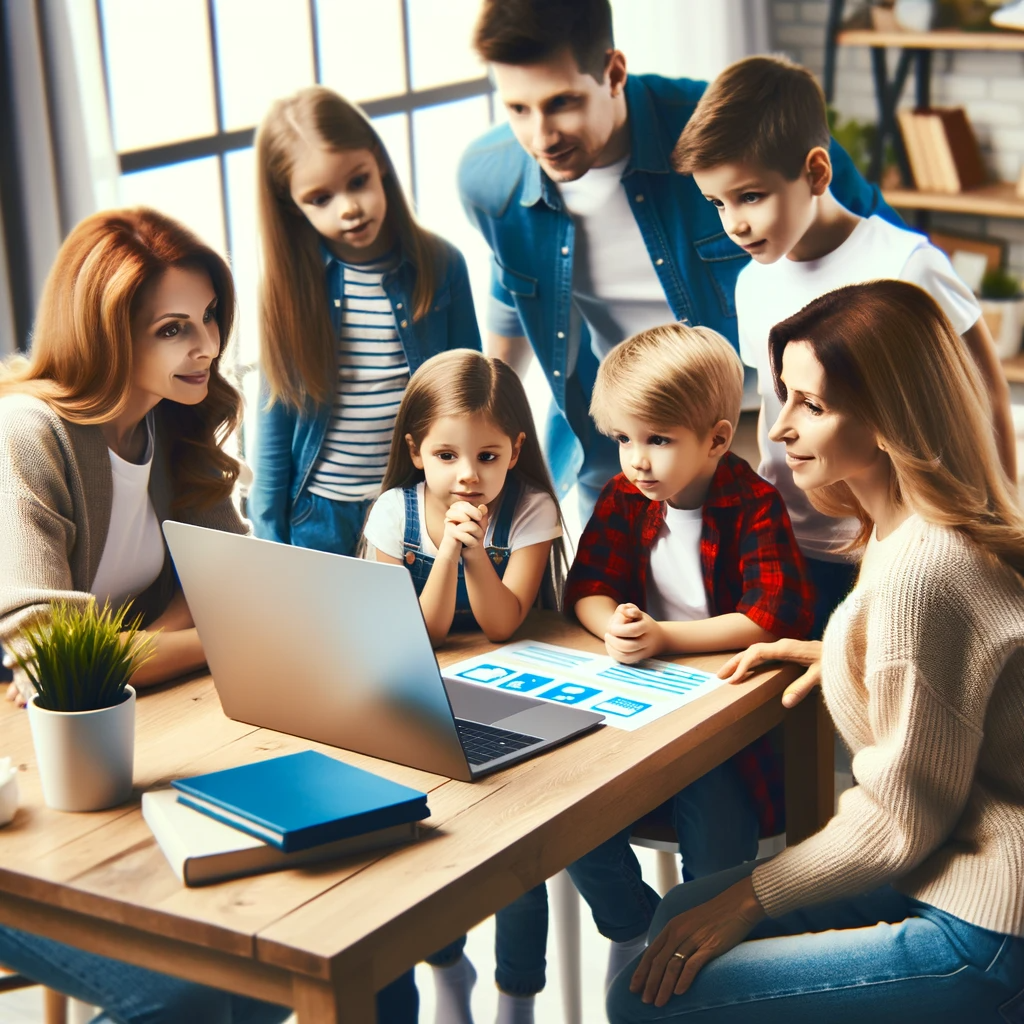 Family gathered around a computer